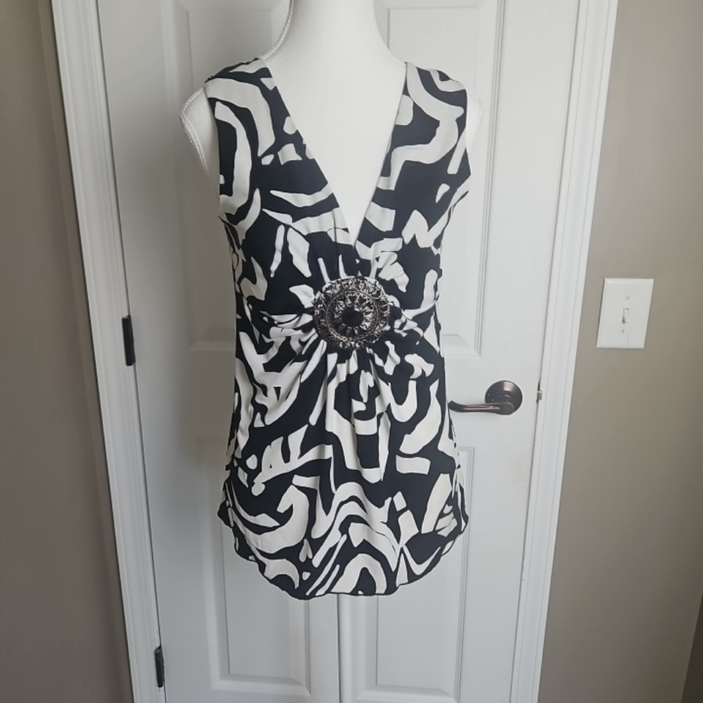 Womens Large Black/Ivory, Silver Medallion, Stretch Tank Top